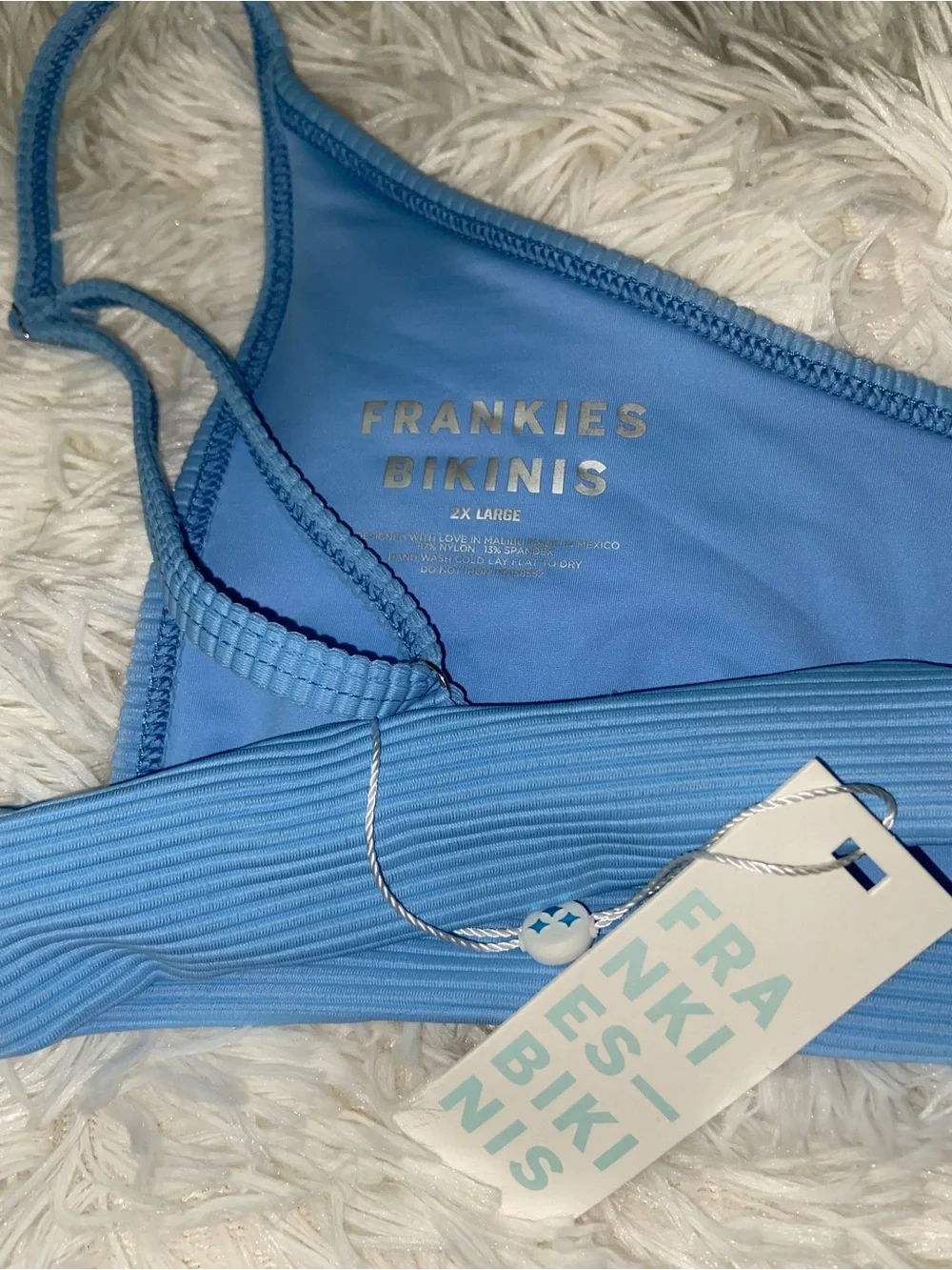 Frankie's Bikinis Sky Blue Ribbed Scoop Bralette Bikini Top